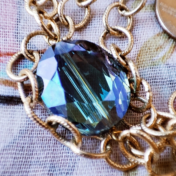 Midnight Blue Iridescent Oil Slick Faceted Glass Crystal Gold Tone Triple Strand - Picture 7 of 10